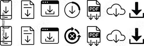 Download icons set, file, mobile and cloud download symbols collection, PDF document and arrow buttons, black outline vector isolated on light background