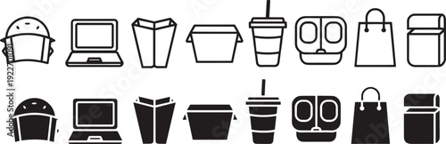 Fast food and takeaway icons set, burger, coffee, laptop, shopping bag and delivery box symbols, black outline and solid vector collection isolated