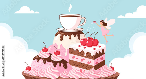 Delicious dessert mountain with cakes whipped cream cherries and coffee cup.