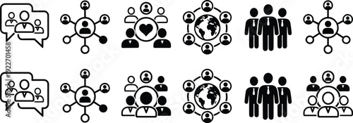 Teamwork and social network icons set, community communication, global connection and business group symbols, black solid vector collection isolated background