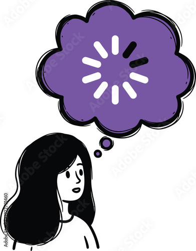 Woman with a thought bubble showing a loading spinner, representing waiting, buffering, or a process in progress.