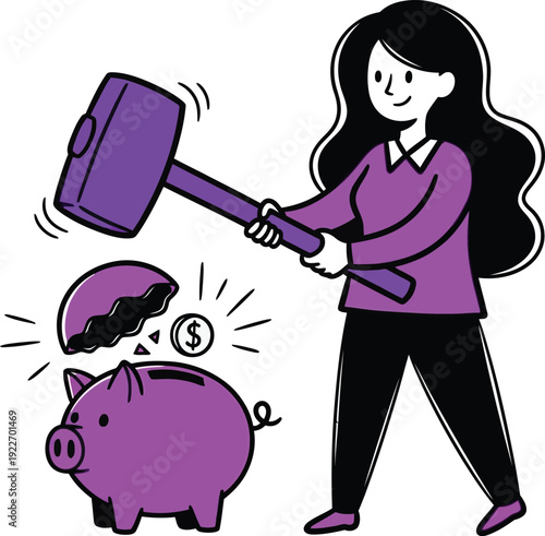Woman smashing a purple piggy bank with a hammer, symbolizing breaking savings, financial goals, or unexpected expenses.