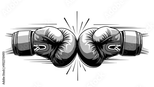 Illustration of two boxing gloves facing each other with motion lines and a burst effect on a white background in a black and white color scheme.