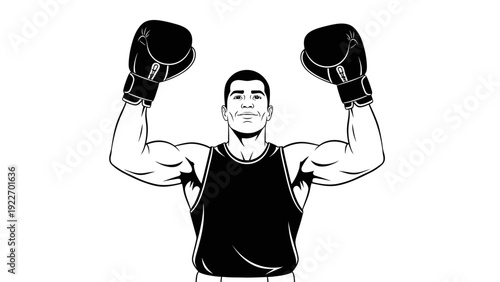 A muscular man wearing boxing gloves and a tank top with arms raised in a victorious gesture against a clean white background.