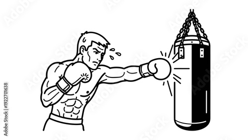 A muscular man punches a hanging punching bag with a determined expression in a black and white illustration with bold lines.