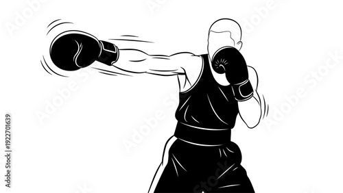 A black and white illustration of a boxer throwing a punch with motion lines, wearing gloves and athletic attire against a plain background.