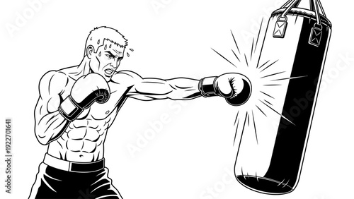 A muscular man in a fighting stance punches a punching bag with motion lines indicating impact, depicted in a black and white comic book style with a bold and dynamic mood against a clean