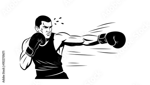 Black and white illustration of a muscular man throwing a punch with motion lines, wearing boxing gloves and a tank top on a plain white background.