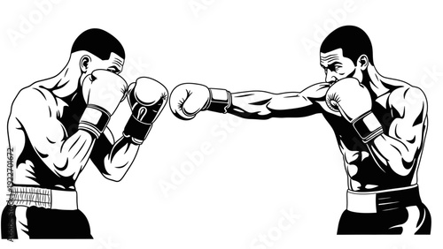 Illustration of two muscular boxers in fighting stance with gloves, against a plain white background, in a black and white graphic style.