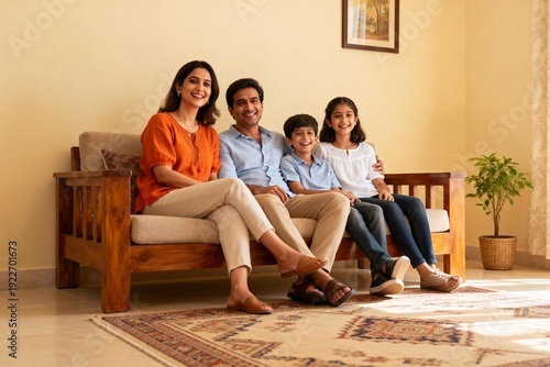 Wallpaper Mural Happy Indian Family Posing on Wooden Sofa at Home Torontodigital.ca