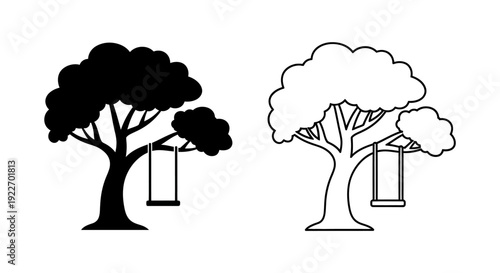 Two trees with swings, black and white illustration, nature, outdoors, playground Vector