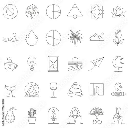 Minimalist Fine Line Aesthetic Icon Set - Nature, Wellness, and Lifestyle Symbols.