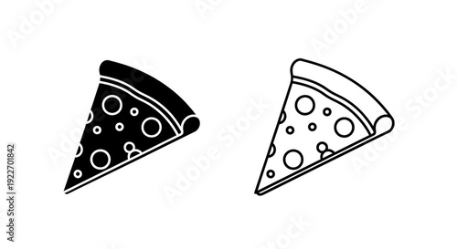 Two slices of pizza with different toppings, black and white line art Vector