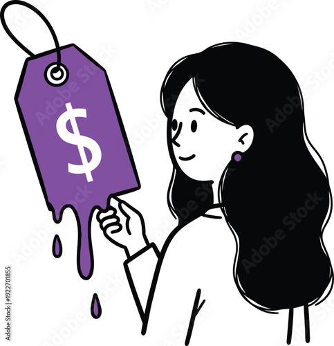 Woman holding a melting purple price tag with dollar sign, symbolizing financial loss, devaluation, or sales and discounts in a conceptual illustration.