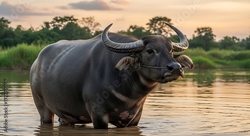 Domestic water buffalo stands in shallow water at sunset with lush greenery.