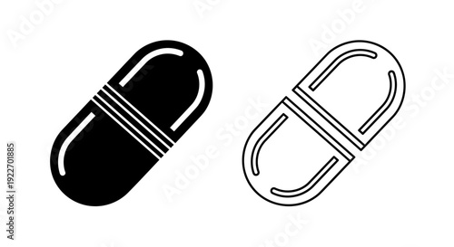 Black and white pill icon set, minimalist medical symbol, healthcare vector Vector