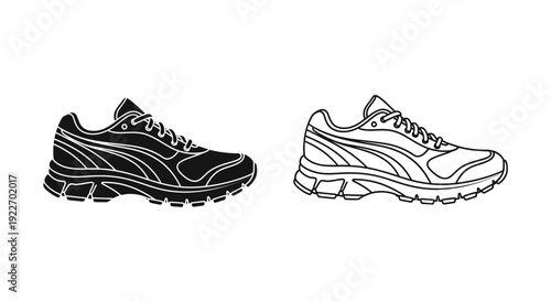 Black and white running shoes illustration, minimalist athletic footwear design Vector