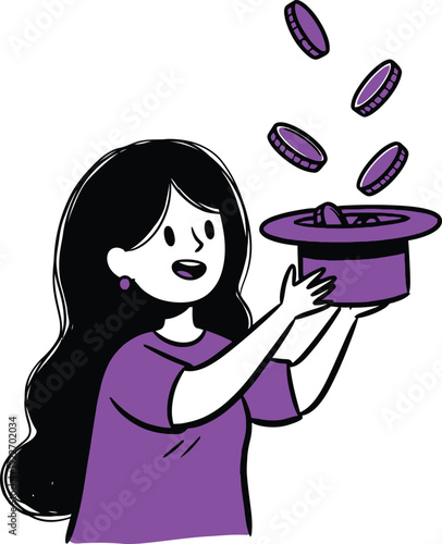 Woman magically pulling money coins out of a hat, illustration of financial success, income generation, or unexpected wealth, concept of luck.