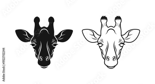 Two giraffe faces side by side, black and white line art, minimalist design Vector