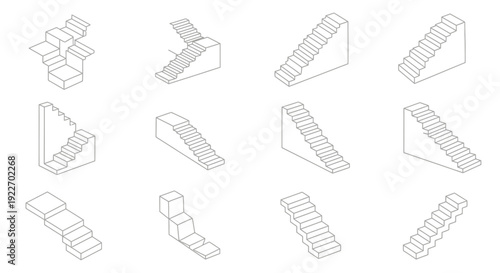 Isometric Staircase and Step Structure Collection in Light Outline Style Featuring Multiple Angles and Perspectives for Architecture Visualization, Construction Planning and Game Level Design Assets
