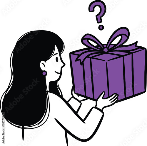 Woman holding a wrapped gift box with a question mark above, suggesting a surprise, mystery gift, or guessing.