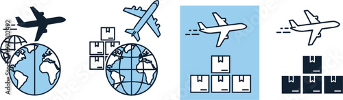 Global logistics and air freight vector icons set featuring cargo planes flying over earth globes and delivery cardboard boxes for international shipping business.