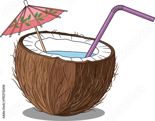 Hand drawn vector illustration of a fresh coconut cocktail with a purple straw and pink decorative umbrella for summer vacation themes.