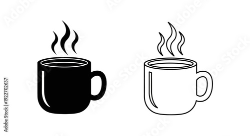 Two cups of coffee with steam, black and white, minimalist design, vector illustration Vector