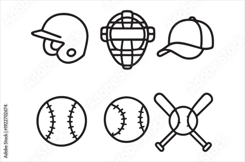Line art illustration showcasing baseball equipment including helmets balls a bat and caps high quality