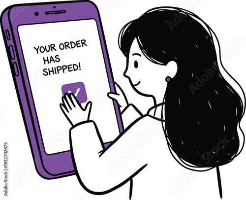 Woman receives a 'Your order has shipped!' notification on her phone, representing online order tracking and delivery.