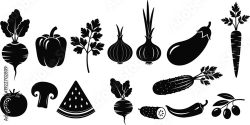 Large collection of black vegetable and fruit silhouettes including carrot, bell pepper, onion, tomato, eggplant, and mushroom icons for healthy food design.