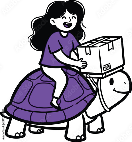 Woman riding a purple turtle with a package on its head, illustrating slow but steady delivery and online shipping service