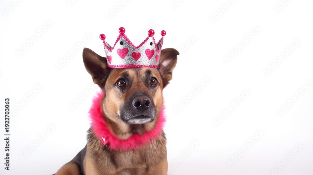 Obraz premium Small mixed-breed dog wearing a pink crown and fluffy pink boa while posing against a white studio background