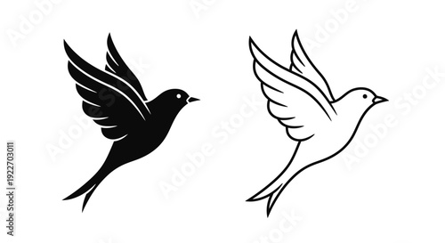 Two birds flying in opposite directions black and white vector illustration Vector