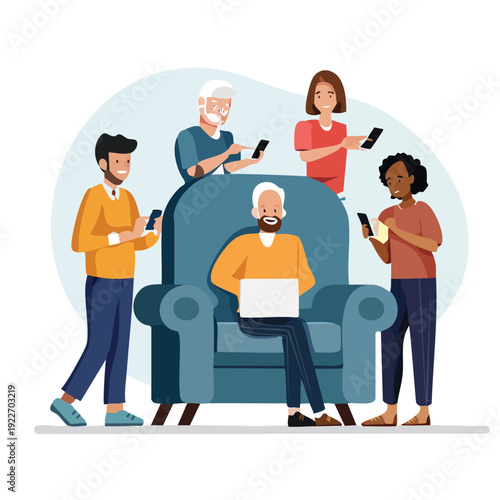 Diverse group using mobile phones and a laptop