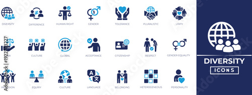 Diversity set for inclusion, equality, support, consulting, friendship, society, accessibility, interaction, and nclusion, affection, personality and best solid icon collection.