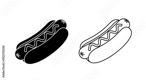Two hot dogs with zigzag mustard design on white background, vector illustration Vector
