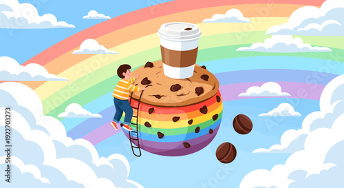 Giant rainbow cookie with coffee cup and person climbing.
