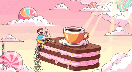 Giant ice cream sandwich with a cup of coffee on top.