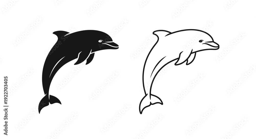 Fototapeta premium Two dolphins swimming in the ocean, one black and one white, vector illustration Vector
