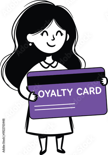 Smiling woman holds a large purple loyalty card, representing customer rewards, membership benefits, and shopping incentives.