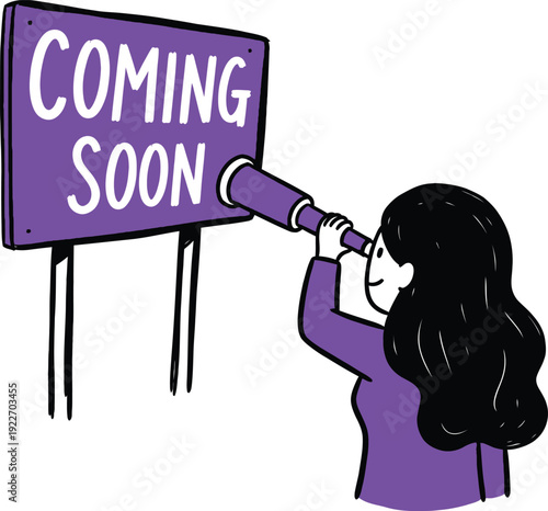 Woman peers through a telescope at a purple 'COMING SOON' sign, symbolizing anticipation, future events, and upcoming releases.