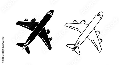 Two black and white airplanes, one is a jet and the other is a propeller plane. Vector