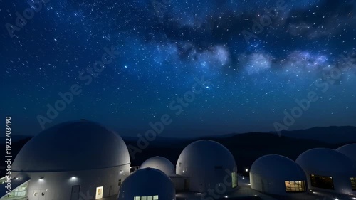 Modern observatory domes under starry night sky with Milky Way - 4k video