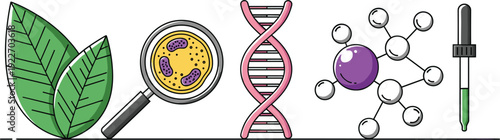 Set of biological science research icons featuring green leaves, a magnifying glass with cells, DNA double helix, and molecular structures.