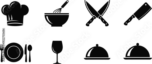 Set of black silhouette kitchen icons featuring chef hat, mixing bowl with whisk, crossed knives, and cleaver for professional restaurant branding.