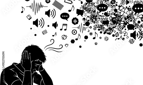 Person overwhelmed by noise and distractions, seeking peace and quiet
