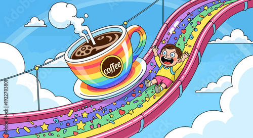 Joyful child and coffee cup on a vibrant rainbow slide a whimsical and energetic scene.