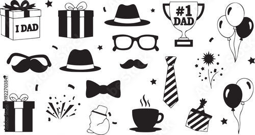 Black and white illustrations of Father's Day icons, including gifts, hats, glasses, mustaches, and balloons