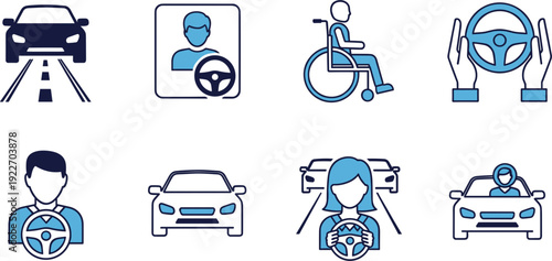 Set of driving and automotive icons featuring chauffeurs, steering wheels, and car silhouettes for transportation and ride-sharing services.